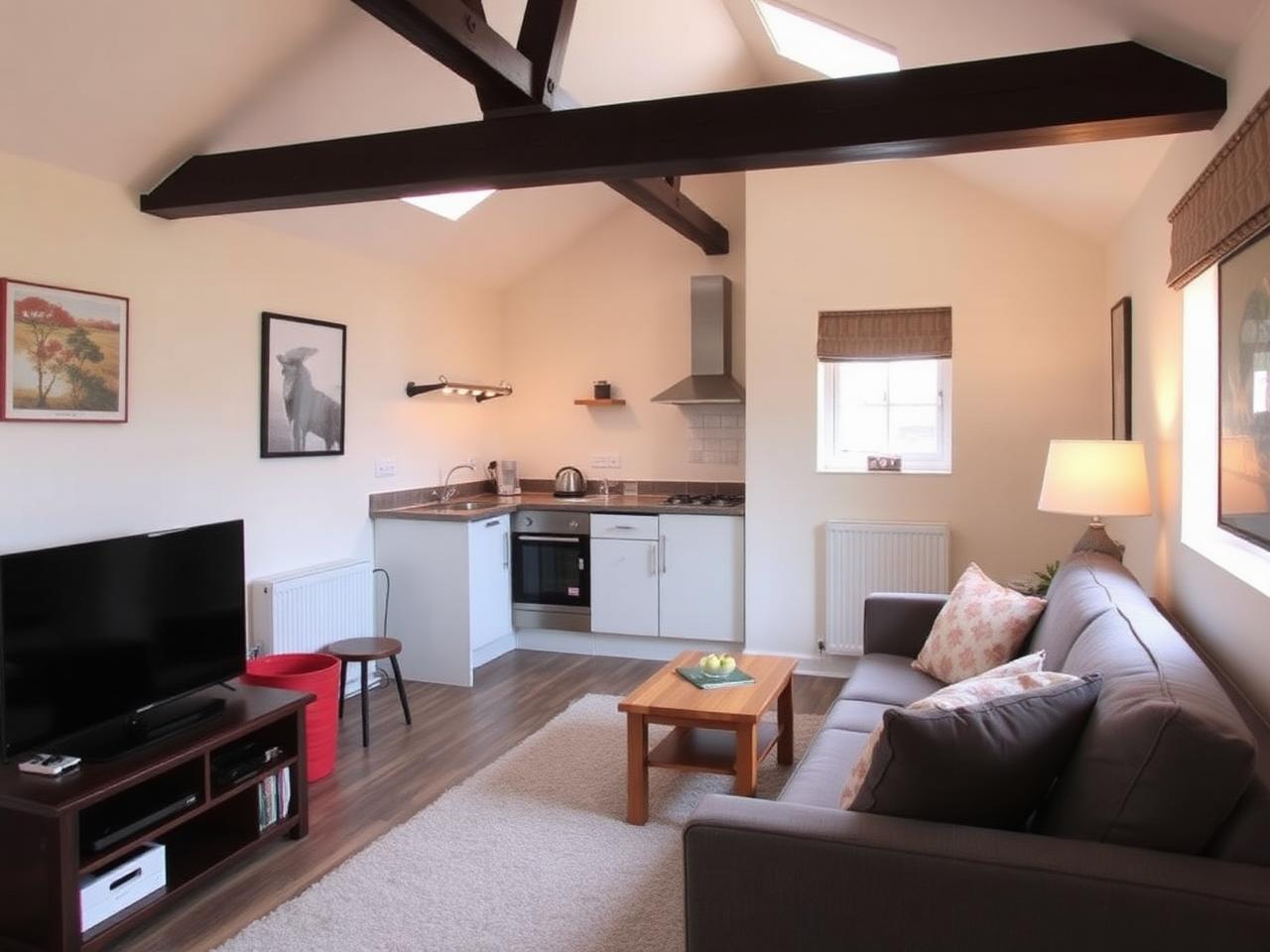 Self-catering cottage lounge with kitchenette and smart TV